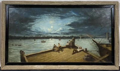 Antique 19th C. Folk Art NYC Skyline at Moonlight BROOKLYN BRIDGE East River O/C - Image 1 of 4