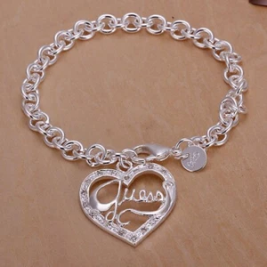 New WOMEN 925 STERLING SILVER FILLED Bracelet GUESS Heart Pendant Chain Bracelet - Picture 1 of 1