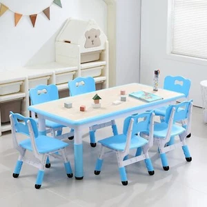 7Pcs Kids Table & 6 Chairs Set, Height Adjustable Graffiti Table for Preschool - Picture 1 of 13
