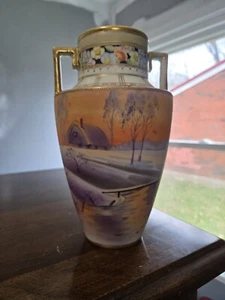 Antique Nippon Hand Painted Country Scene Barn & Stream Vase Double Handles - Picture 1 of 5