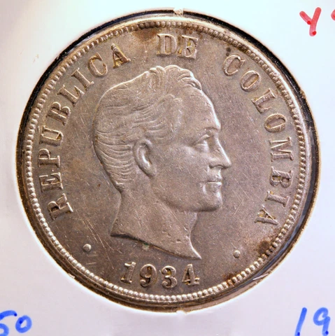 FOREIGN SILVER COIN - Colombia, 50 Centavos, 1934, KM-274, NICE XF-AU CONDITION Cover
