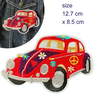 Red VW beetle car Iron on patch Flower power peace volkswagen iron-on patches - Picture 1 of 4
