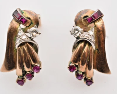 Pair of 1940's Gold Set Ruby & Diamond Cluster Earrings W/ Clip-On Fittings - Image 1 of 4
