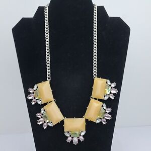 J Crew Yellow & Clear Crystal Cluster Bib Statement Silver Chain Necklace 20"