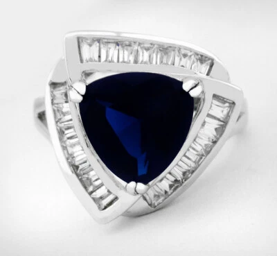 LAB CREATED BLUE SAPPHIRE 6.73 Cts & WHITE SAPPHIRES RING .925 Silver Plated NWT - Image 1 of 4