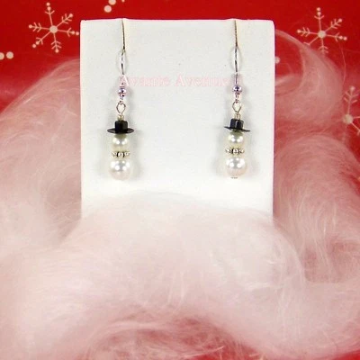 Christmas EARRINGS Black Hat SNOWMAN Snowmen Pierced Dangle Drop Avante Avenue - Image 1 of 4