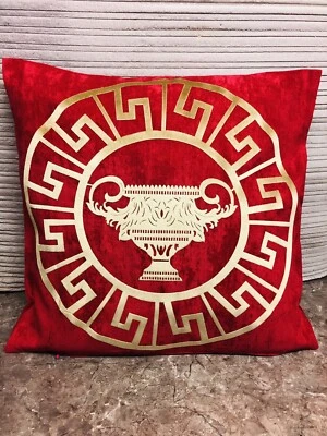 Greek Key Circle Red & Gold Baroque Cup Decorative Velvet Pillow Throw Cover - Image 1 of 3