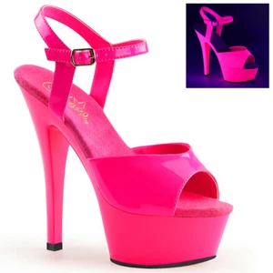 PLEASER KISS-209UV Women's Neon Pink 6" Heel Platform Ankle Strap Sandal Shoes - Picture 1 of 6