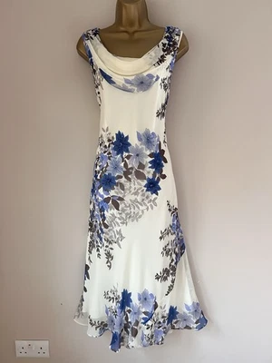 Country Casuals Petite Silk Dress 16 Ivory Blue Bead Floral Christmas Party - Image 1 of 4