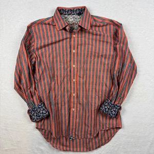 Robert Graham Mens Button Down Shirt Orange Blue Striped Flip Cuff Embroidered L - Picture 1 of 10
