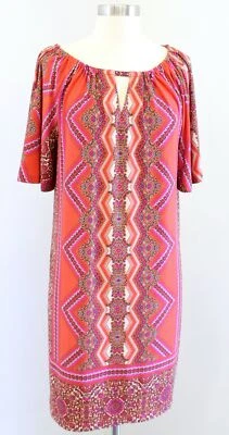 Chicos Triangle Floral Print Dress Size 0 Orange Pink Geometric Shift Keyhole - Изображение 1 из 4