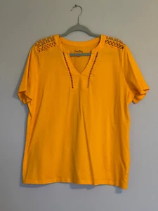 CORAL BAY WOMEN'S TOP. SIZE: XL YELLOW SHORT SLEEVE SPLIT NECK COTTON - Picture 1 of 3