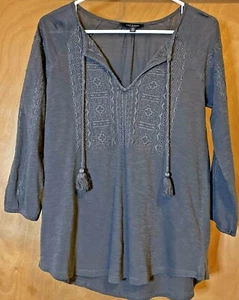 Lucky Brand S/P Small Petite Womens Gray Striped Top Tassel Tie Front Embroidery - Picture 1 of 12