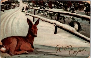 Christmas Vintage Postcard Wintery Snowy Country Fence Road Deer Happy Art - Picture 1 of 2