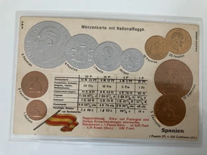 Münzkarte mit Nationalflagge -Spanien - Prägedruck - AK - Bild 1 von 2