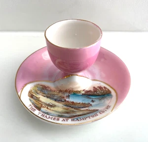 Victorian PINK LUSTRE Egg Cup in Saucer THAMES AT HAMPTON COURT Souvenir - Picture 1 of 6
