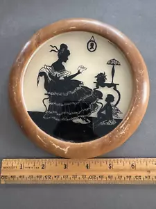 MUJER VICTORIANA REDONDA Y NIÑO QUERUBÍN REVERSO PINTADO SILUETA EN MARCO DE COLECCIÓN - Imagen 1 de 5