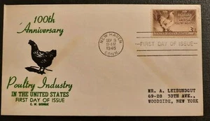1948 FDC Centennial Poultry Industry Illustrated Cachet New Haven CT Woodside NY - Picture 1 of 2