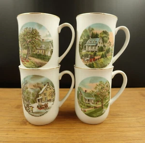 Four Seasons Designed Coffee Cups Courier & Ives Gold Trimmed - Picture 1 of 19