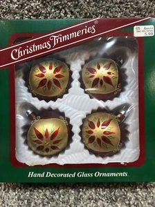 VTG 4 Christmas Trimmeries Hand Decorated Glass Ornaments Red Gold Satin - Picture 1 of 6