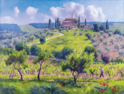 June CAREY Primavera Limited Edition Canvas Tuscany Italy Signed vineyard 36x47 Foto 1 de 4
