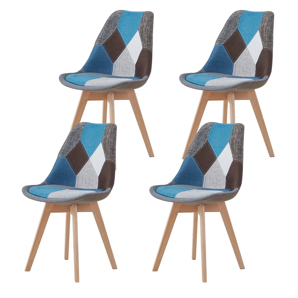 Set di 4 Sedie Patchwork Tulip e gambe in legno Sedia da pranzo Blu - Immagine 1 di 4