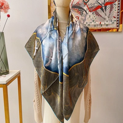 100% Шелковый простой атласный шарф бандана квадратная шаль кран синий принт надежном 43» - Изображение 1 из 4