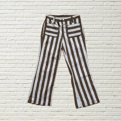 Vintage 70s Striped Jeans Brown & White Striped Button Fly Flare Jean Hippie - Image 1 of 4