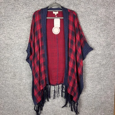 NUEVO Poncho Umgee a Cuadros Flecos Azul Marino Rojo S/M Tejido Borde Abierto Frontal Capas Top Foto 1 de 4