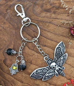 Death's Head Hawk Moth Keychain Skull Moth w/ hamsa and bling handcrafted gift - Picture 1 of 6