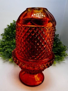Vintage Hand Made Viking Glass Fairy Lamp Orange Persimmon Diamond Point 7" - Picture 1 of 15