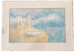 Vtg 1980s Watercolor Painting Coastal Lighthouse Stormy Sea Signed 20x14 Art - Picture 1 of 5