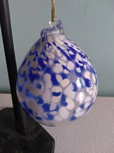 Hand Blown Art Glass Ball Blue & White Christmas Ornament w/Clear Bottom - Picture 1 of 4