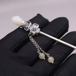 Echt 925 Sterling Silber Haarnadel Hetian Jade Lotus Haarspange Pin Match Hanfu - Bild 1 von 11