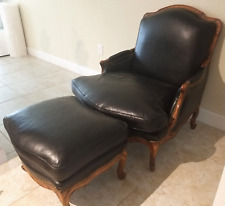 French Louis XV Style Black Leather Bergere CHAIR & OTTOMAN Yale Burge Antique
