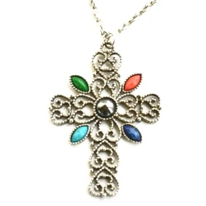 De Colección Avon Cruz Románica Colgante Cadena Distintivo Collar 1972 Piedras Preciosas de Plata - Imagen 1 de 12