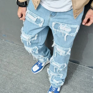 Men's Ripped Skinny Denim Straight Trousers Distressed Jeans Mid Waisted Pants - Picture 1 of 13