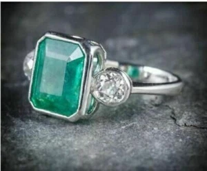 Cushion Cut 2.15Ct Emerald & Lab-Created Diamond Three-Stone Ring In 925 Silver