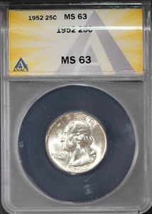 1952 25c Silber Washington Quarter MS 63 ANACS # 7625681 + Bonus - Bild 1 von 2
