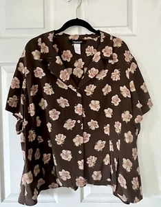 Jones New York Petite 100% Silk Short Sleeve Brown Floral Blouse Plus 22W P - Picture 1 of 6
