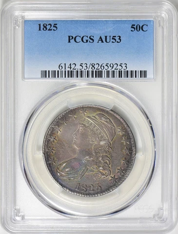 1825 ~ Capped Bust Half Dollar ~ PCGS ~ AU 53 ~ Beautiful COLOR toning ~ $998.88 Cover