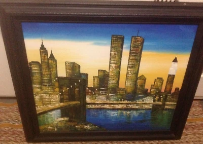 Rare Old OIL PAINTING NEW YORK CITY BROOKLYN BRIDGE Pre 9/11 TWIN TOWERS SIGNED - Image 1 of 4