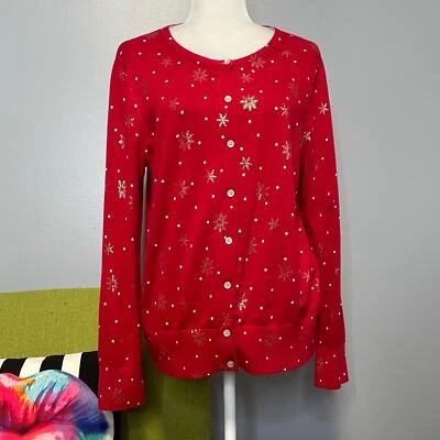 Lands End Red White Snowflake Polka Dot Cotton Cardigan Sweater  - Image 1 of 4