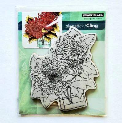 СВЕЖЕСРЕЗАННЫЙ черный зажимной резиновый штамп хризантема цветок ваза осень um198 - Изображение 1 из 3