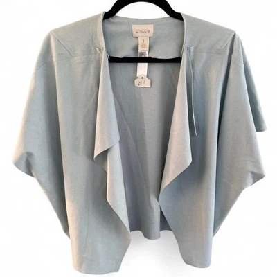 Chico's faux suede blue drape open front chiffon cardigan vest womens size 1 - Image 1 of 4