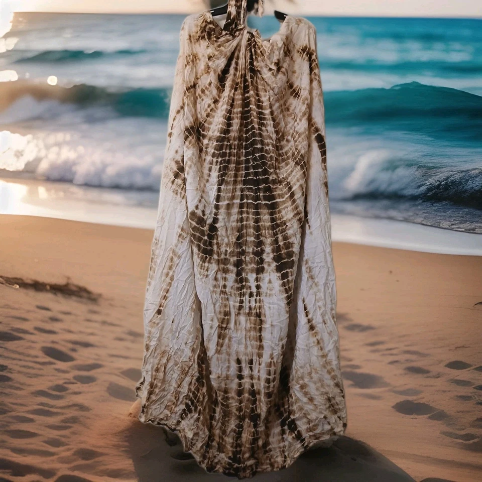 Maxi Vestido Elan, Marrón + Blanco Tie Dye Espalda Abierta Halter Talla: Mediana  Foto 1 de 4