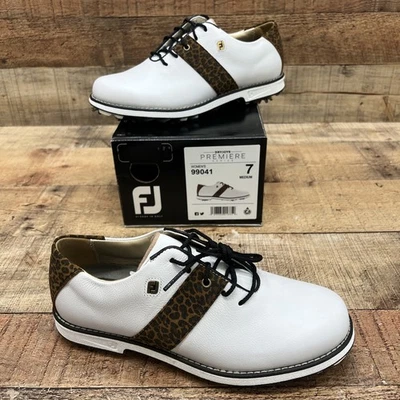 Footjoy Premiere Dryjoys 99041 Womens Golf Shoes Leopard White Leather 7 M NIB! - Imagem 1 de 4
