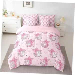  Kids Disco Mirror Ball Comforter Set 7 Pieces Size Pink Bow Queen Pink Silver - Picture 1 of 7