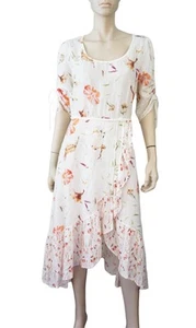 120% LINO sz 40 Belted 3/4 Sleeve Floral Milk Linen Wrap Effect Midi Dress - Picture 1 of 6