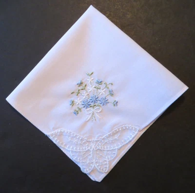 Hanky handkerchief white blue floral bouquet lace butterfly wedding NWOT - Image 1 of 4